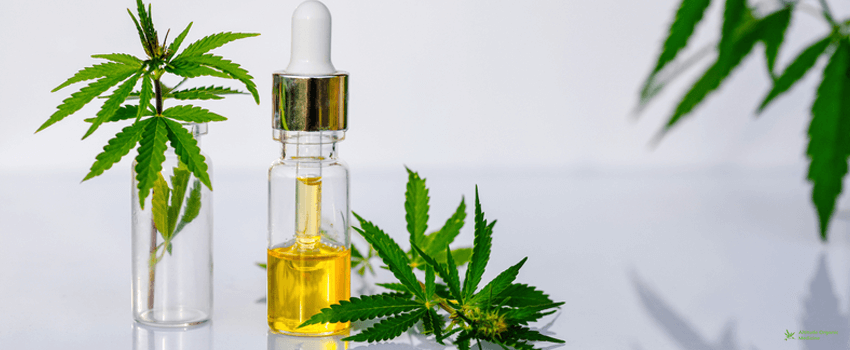 AOC-Glass bottle with CBD oil, THC tincture and hemp leaves